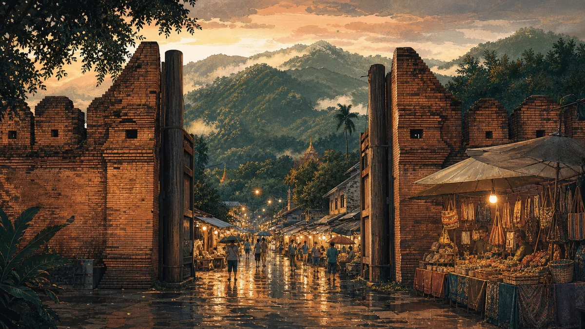 从曼谷飞抵清迈后走进周六夜市的旅行插画