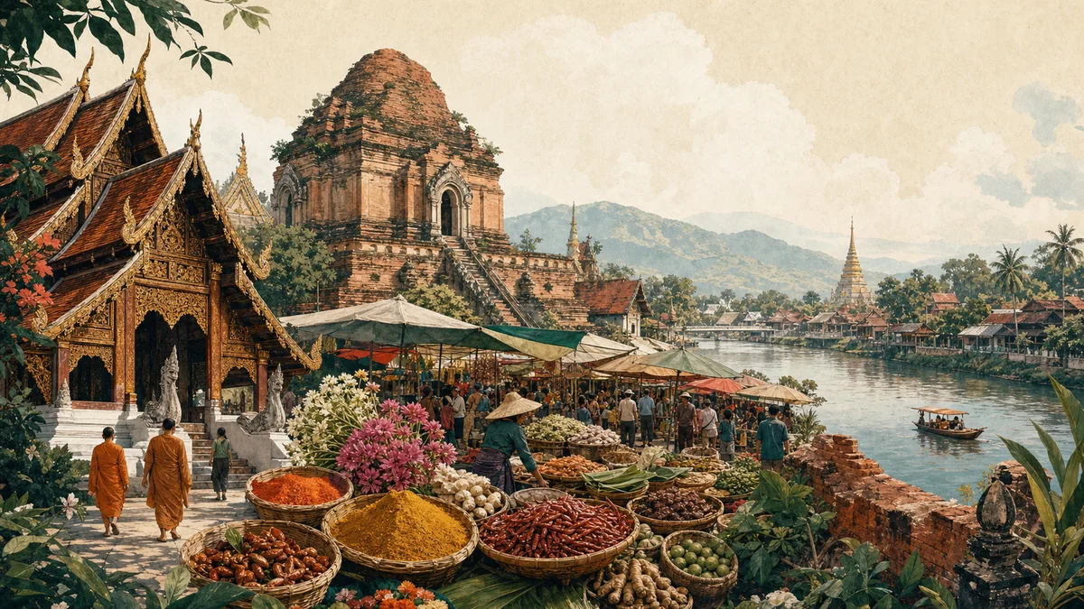 清迈古城木构寺庙与瓦洛洛市场旅行插画