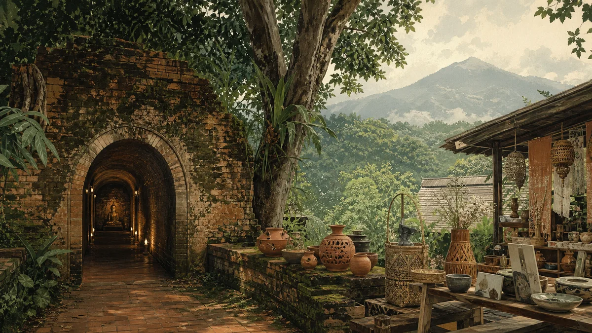 清迈林中隧道寺与手作社区旅行插画