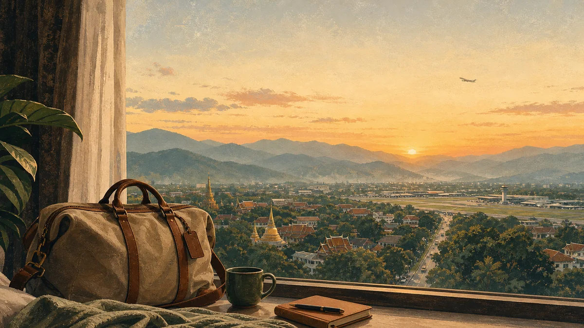 清迈清晨收拾行李前往机场的旅行插画